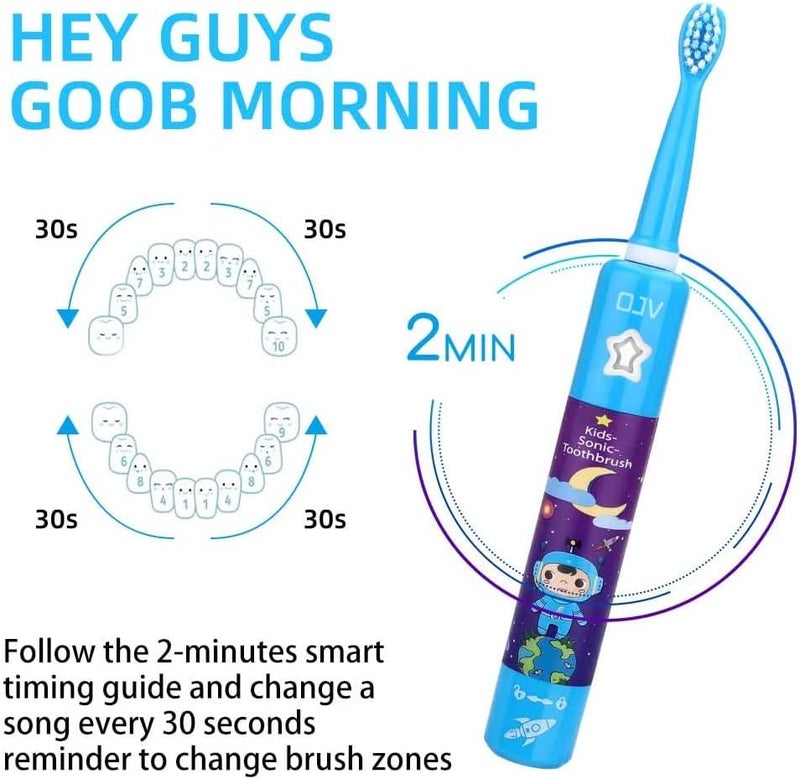 OJV 8620 Musical Electric Toothbrushes for Kids Children, 3 Modes 2 Min Timer, 6 Bristles Rechargeable Power Smart Sonic Music Play Song Toothbrush for Girls Age 3-14 with Wall Mounted Holder (Blue) - Image 2